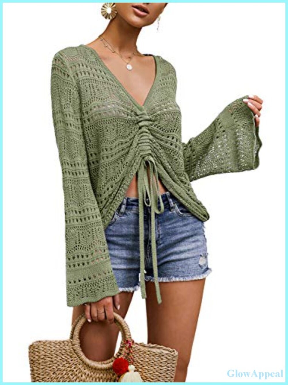Women's Crochet Off Shoulder Sheer Crop Top Flowy Boho Knit Blouse